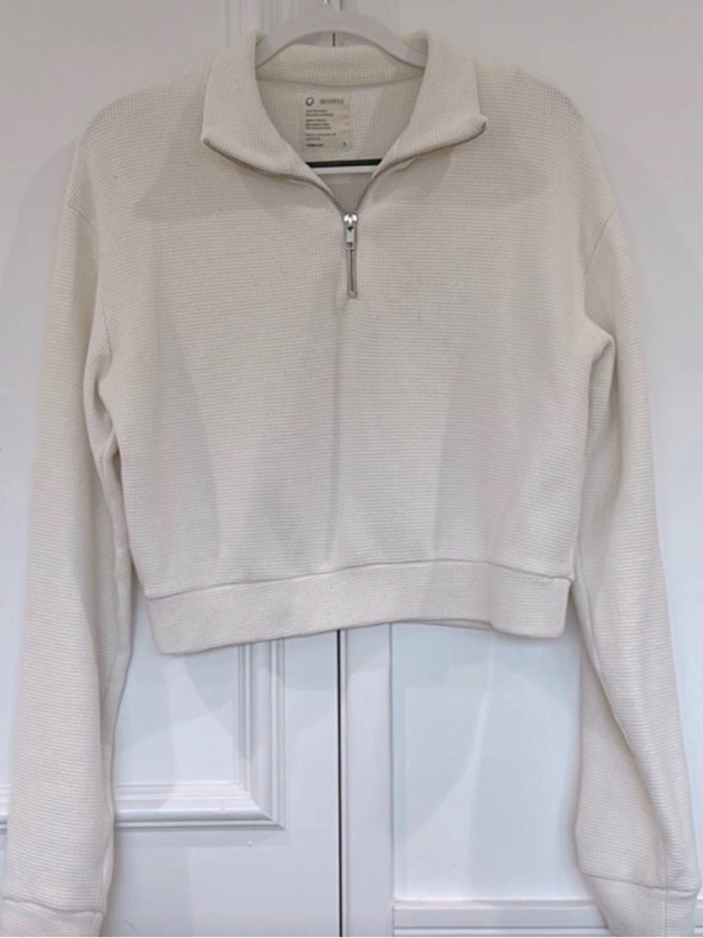 Cropped Cream Half-Zip Waffle‎ Pullover Hoodie